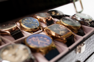 wristwatch flat lay