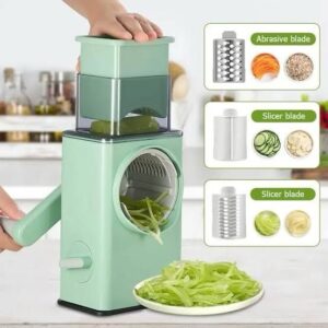 Manual rotary vegetable slicer with multiple interchangeable blades